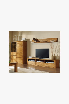 Modern tölgyfa nappalis fal TV komóddal és vitrinnel dió színben